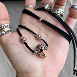 Black cz diamonds rose gold plated skull choker necklace on adjustable cord